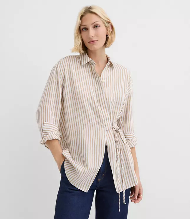 Petite Striped Asymmetrical Side Tie Tunic Shirt | LOFT