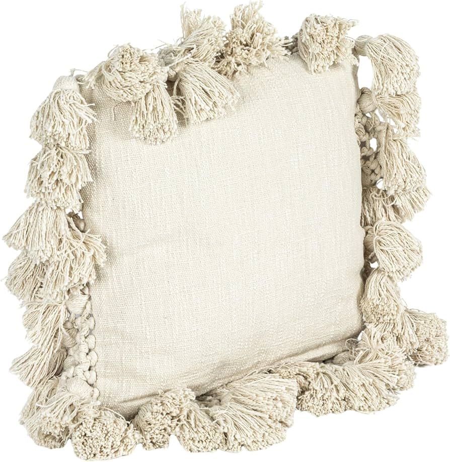 Creative Co-Op Cotton Slub Pillow with Crochet and Tassels, 1 Count (Pack of 1), Cream | Amazon (US)