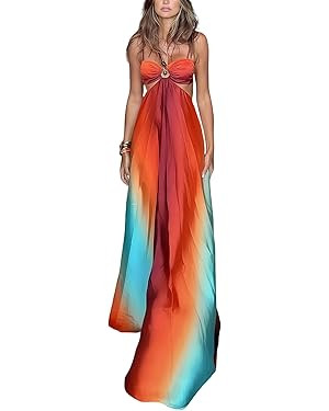 AIBEARTY Women's Sexy Tie Dye Off Shoulder Maxi Dress Gradient Cut Out Strapless Flowy Sundress B... | Amazon (US)