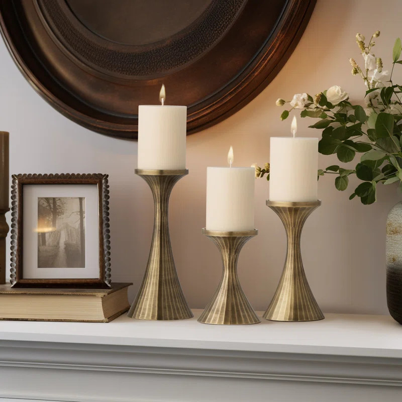 Set of 3 Aluminum Handmade Decorative Pillar Candle Holders (Brass) | Wayfair North America