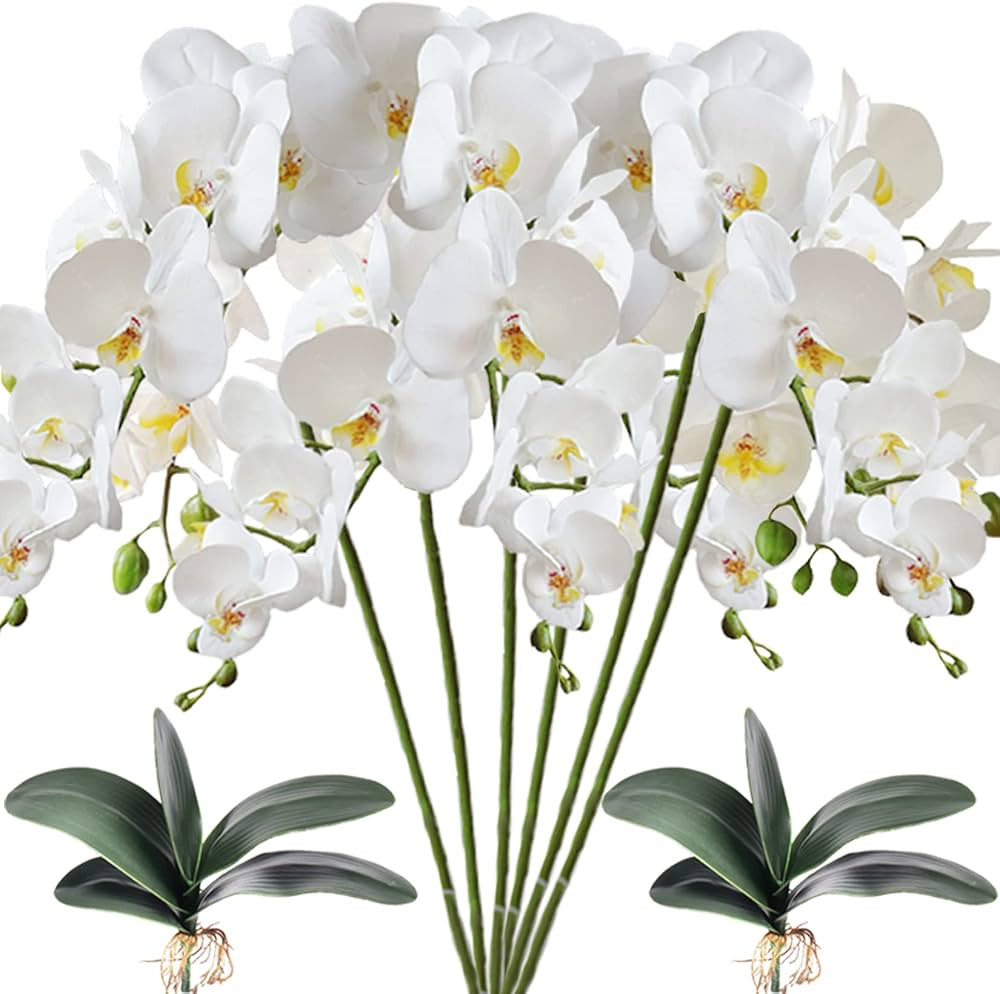 HinyoCo 6 Pcs 32" Artificial Phalaenopsis Flowers and 2 Bundles Leaves,8 Head Artificial Orchid F... | Amazon (US)