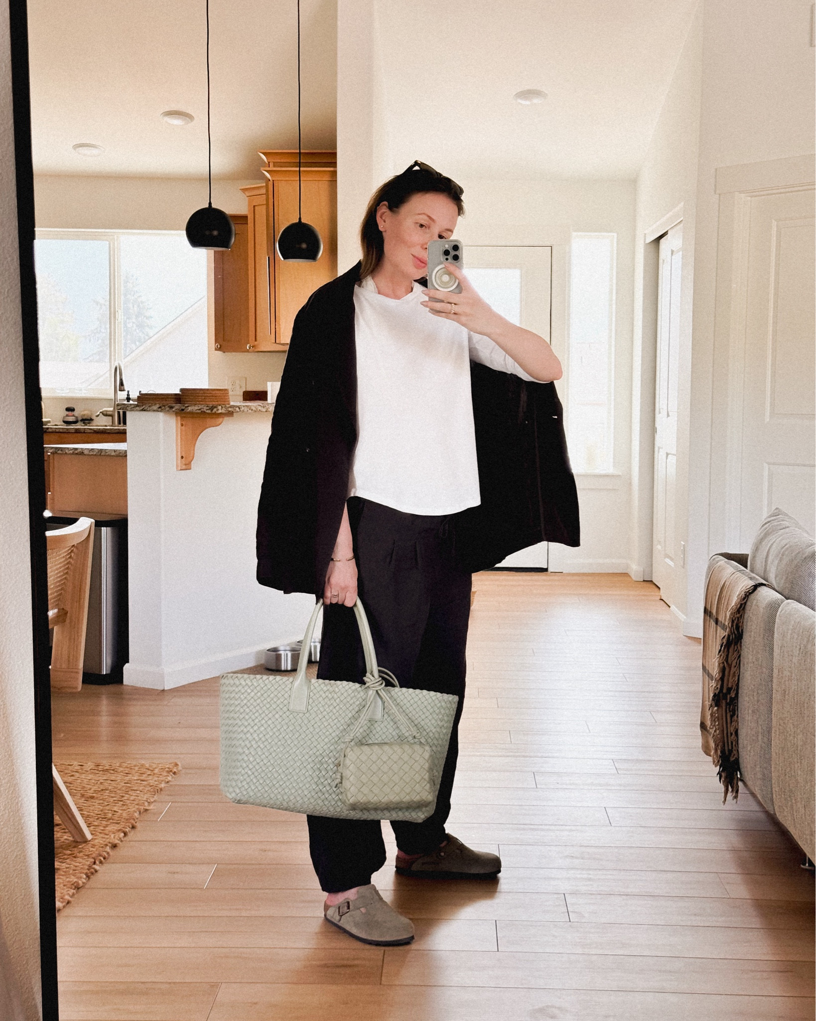 OOTD: linen chocolate brown suit (barrel leg pants + double breasted blazer by Massimo Dutti) + organic cotton basic white long sleeve tee (Gap, similar available at Target) + Birkenstock Boston clogs + Bottega Veneta bags (Cabat & my cute new 🆕 Mini loop crossbody, both in travertine). 

#LTKFindsUnder50 #LTKSeasonal #LTKBacktoSchool