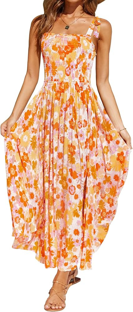 ZESICA Women's Boho Summer Floral Print Tie Straps Sleeveless Square Neck Smocked Flowy Ruffle A ... | Amazon (US)