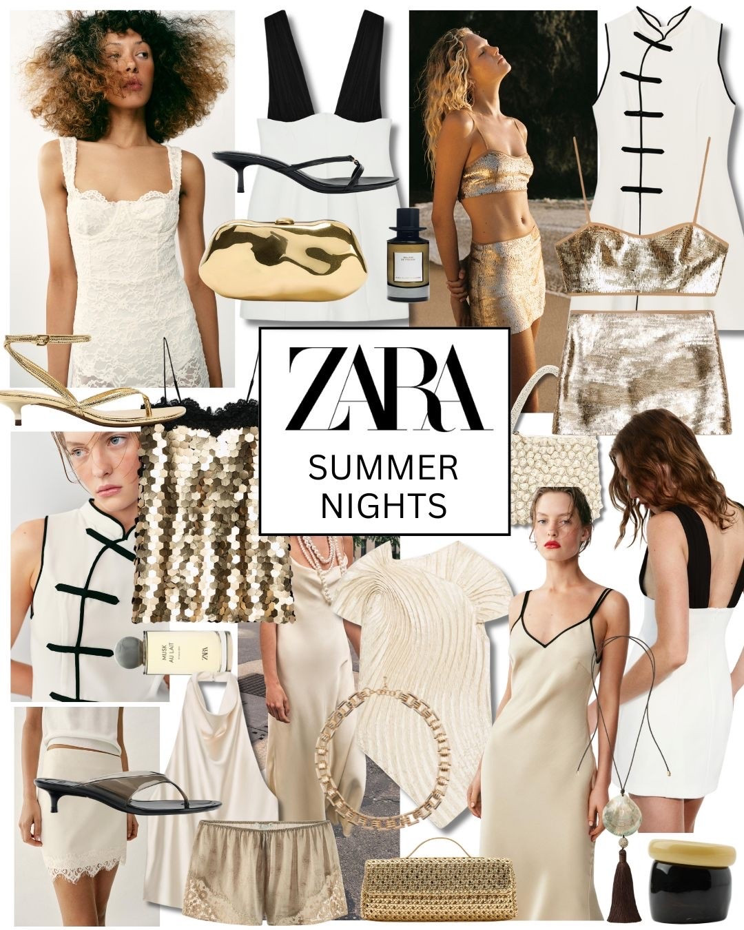 Summer evening wear 

Two tone dress good dress sequin dress good clutch bag satin lace skirt gold co ord skirt set white lace dress satin halter top gold heeled sandals black thong heeled sandals jelly heeled sandals 

#ZARA

#LTKsummer #LTKuk #LTKeurope