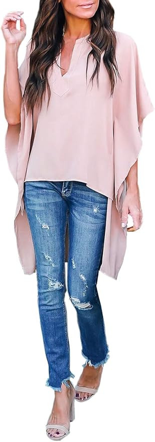 Happy Sailed Women Stylish V Neck Chiffon Tops Casual Solid Blouse Loose High Low Shirts S-2XL | Amazon (US)