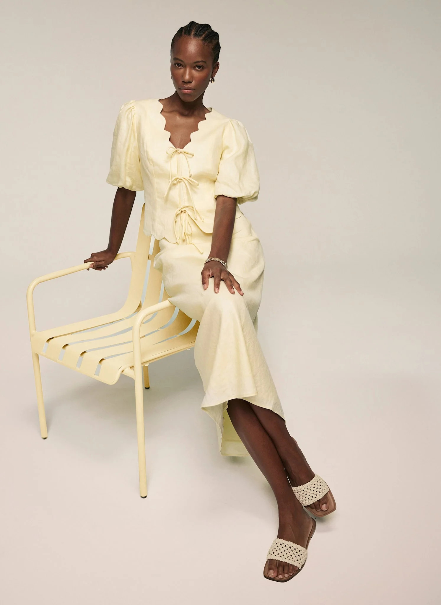 Yellow Linen Scallop Tie Front Top | Mint Velvet