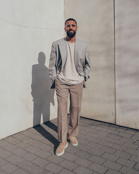 SALE ALERT 🚨 whole look up to 50% Off! FEAR OF GOD California Blazer in ‘Grey’ (size 46, sold out, linked similar), Inside Out Raw Neck t-shirt in ‘Sand’ (size M), Double Pleated Trousers (size 32), The Loafer in ‘Daino’ (size 42, sold out, linked alternative), and FEAR OF GOD x BARTON PERREIRA glasses in ‘Matte Taupe’ on sale up to 50% Off through Black Friday, Cyber Monday and Cyber Week. A relaxed and elevated business casual outfit perfect for Fall and Winter. Linked exact and similar items.

#LTKstyletip #LTKsalealert #LTKmens