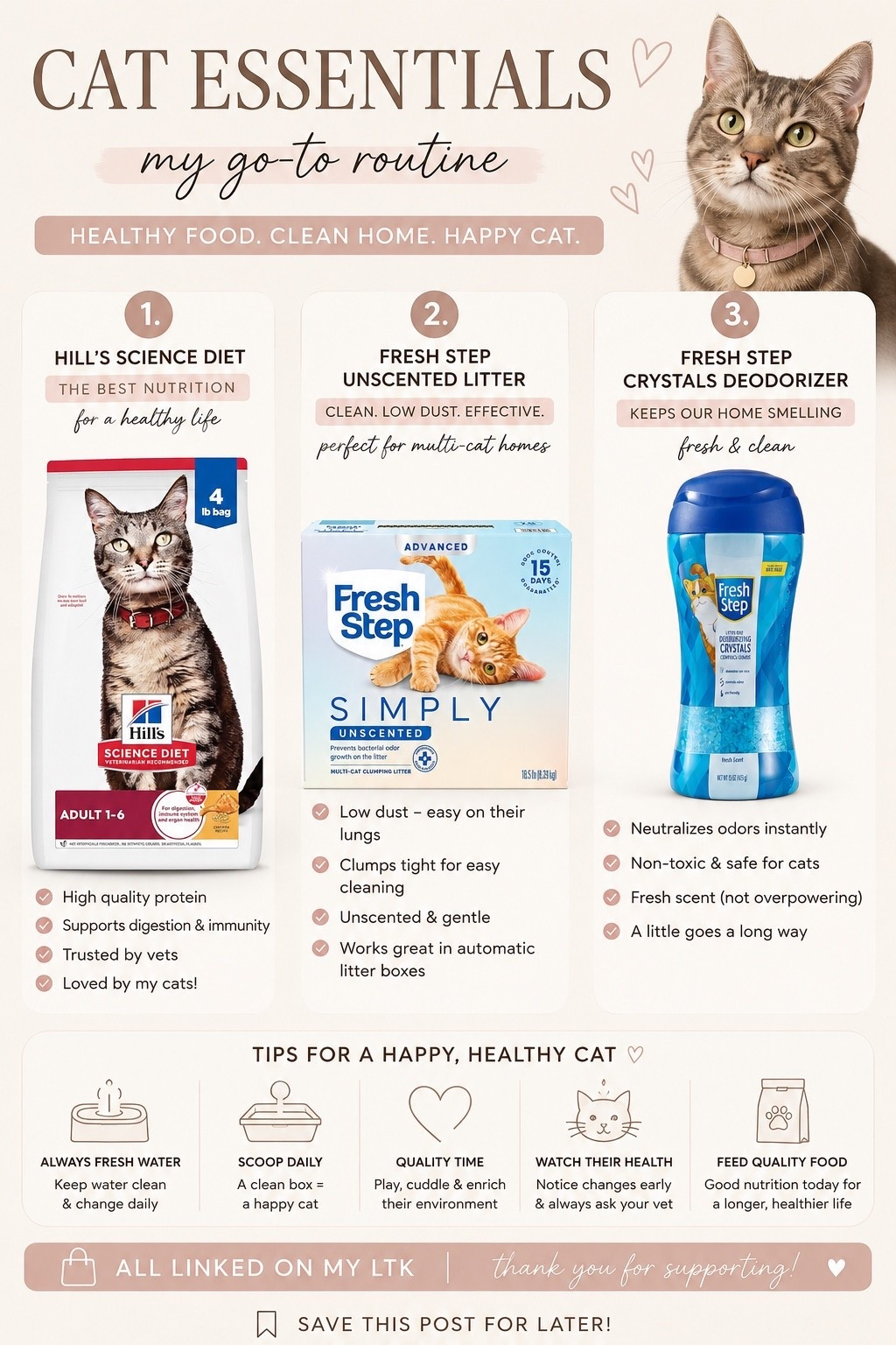 My current cat essentials that genuinely made a difference in our home 🐈🤍

If you have multiple cats, sensitive cats, or you’re constantly fighting litter box smells like I was… these are the products I keep rebuying.

✨ Hill’s Science Diet — the only dry food I consistently trust for my cats
✨ Fresh Step Unscented — way less overwhelming than scented litters & helps keep things cleaner
✨ Fresh Step Crystals — I use a little for extra odor control without making the litter too perfumed

A clean litter box + quality food honestly changes EVERYTHING for cats. Less stress, less mess, happier babies 🫶

Linked all my cat must-haves on my LTK 🤍

#LTKHome #LTKPets #CatMom #CatEssentials #PetFavorites #CatsOfLTK #PetCare #CatProducts #FreshStep #HillsScienceDiet #MultiCatHome #CatLitter #PetMustHaves #AmazonFinds #CatOwner #HomeEssentials #PetRoutine #SalomeMorel