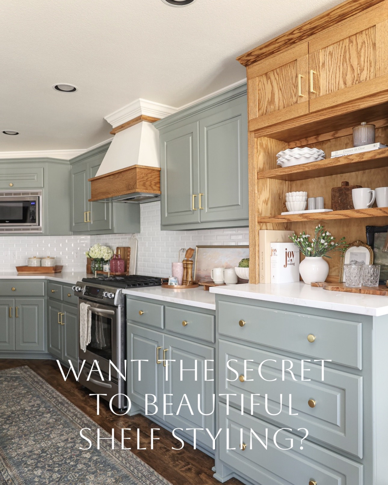 Want the secret to beautiful shelf styling? Here are 3 tips I use every time:

1. Mix heights and shapes.
Using items that are different heights gives the shelves variety. Pair taller pieces like vases, artwork, or cutting boards with shorter items like candles or bowls to create balance.

2. Layer pieces
Instead of placing everything in a single row, layer objects in front of one another. Lean artwork or boards against the wall, then place smaller decor pieces in front. This adds depth and makes shelves feel less staged.

3. Use cohesive colors and materials
Choose a few colors and finishes to repeat throughout the shelves. In these spaces, warm wood tones, brass accents, glass, and soft neutrals appear throughout, creating a collected look that feels intentional.