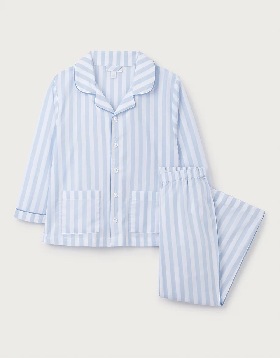 Organic Cotton Relaxed Fit Traditional Blue Stripe Poplin Piped Pyjamas (2–12yrs) | The White Company UK & ROW