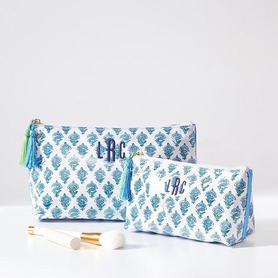 Clear Coated Travel Pouch, Set of 2, Blue-Green Block Print | Mark and Graham