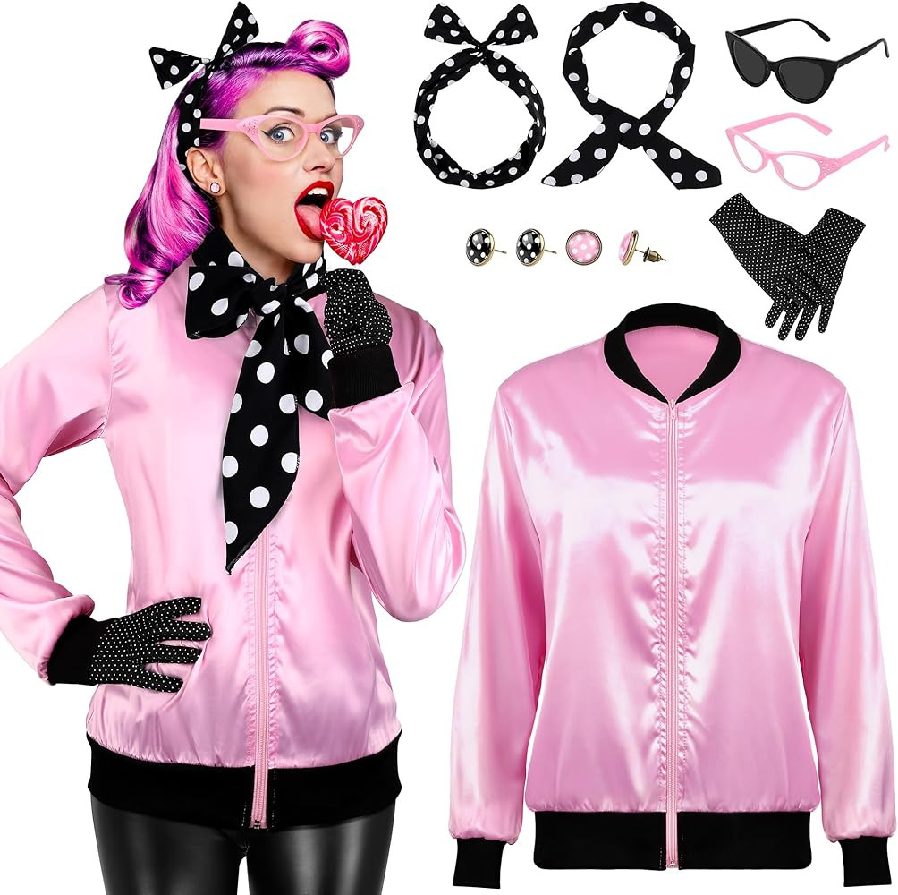AOTHSO 1950s Pink Satin Jacket with Polka Dot Scarf Headband Earrings Glasses Halloween Cosplay C... | Amazon (US)