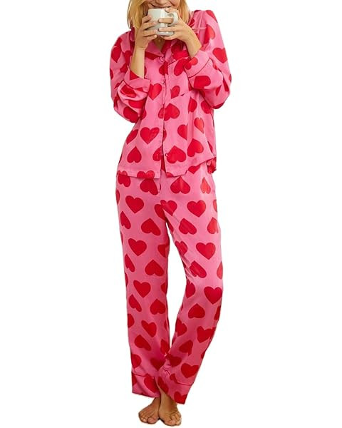 RUEWEY Women 2 Piece Pajama Set Heart Print Long Sleeves Button Down Lapel Shirt Long Pants Match... | Amazon (US)