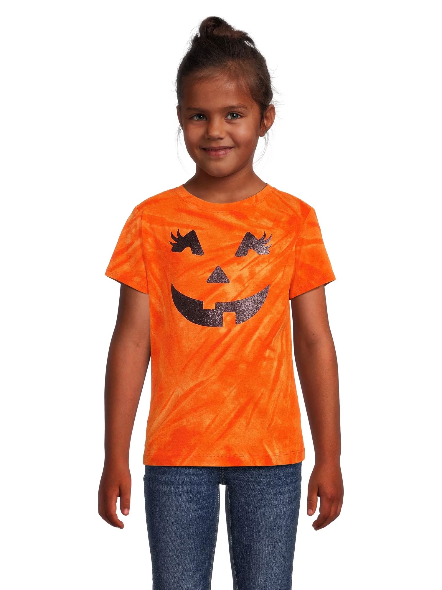 Wonder Nation Girls Halloween Pumpkin Face Short Sleeve T-Shirt, Sizes 4-18 | Walmart (US)