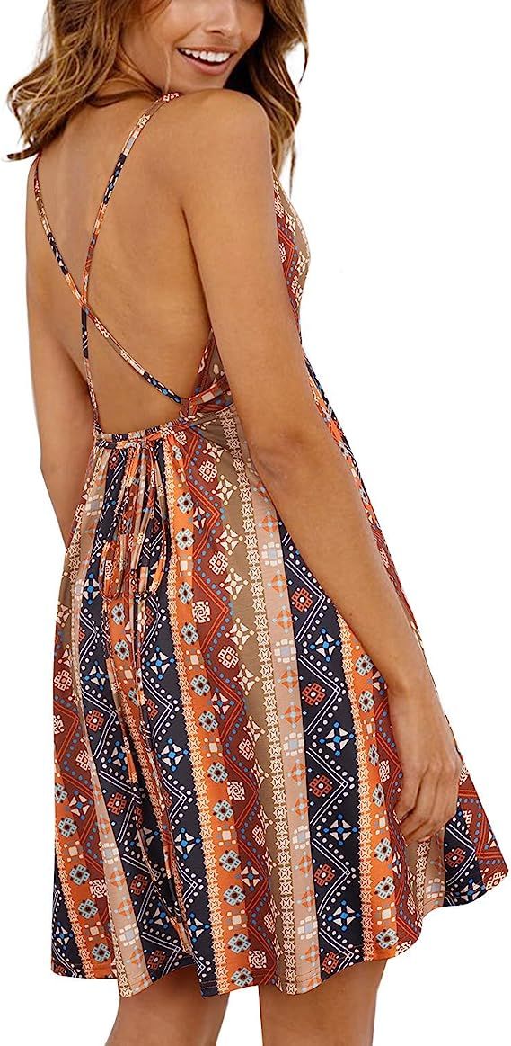 OUGES Womens V Neck Backless Floral Print Beach Summer Dress Spaghetti Strap Beach Sundress | Amazon (US)