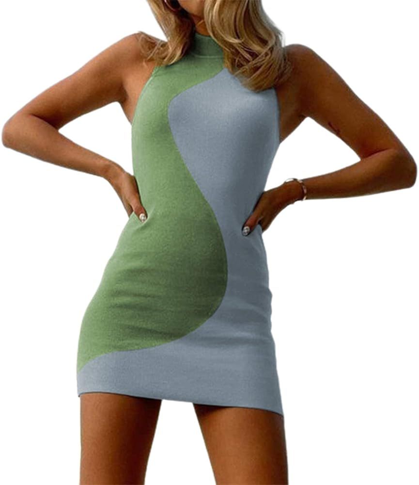 Women Sexy Bodycon Dress Y2K Knitted Mini Dress Halter Sleeveless Ribbed Tank Dresses Streetwear | Amazon (US)