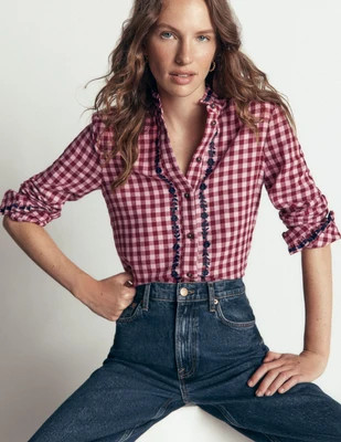 Sienna Frill Cotton Shirt-Embroidered Pink, Maroon Check | Boden (US)