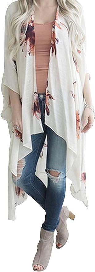 Geckatte Womens Floral Print 3/4 Sleeve Cardigan Kimono Capes Beach Cover Up Tops | Amazon (US)