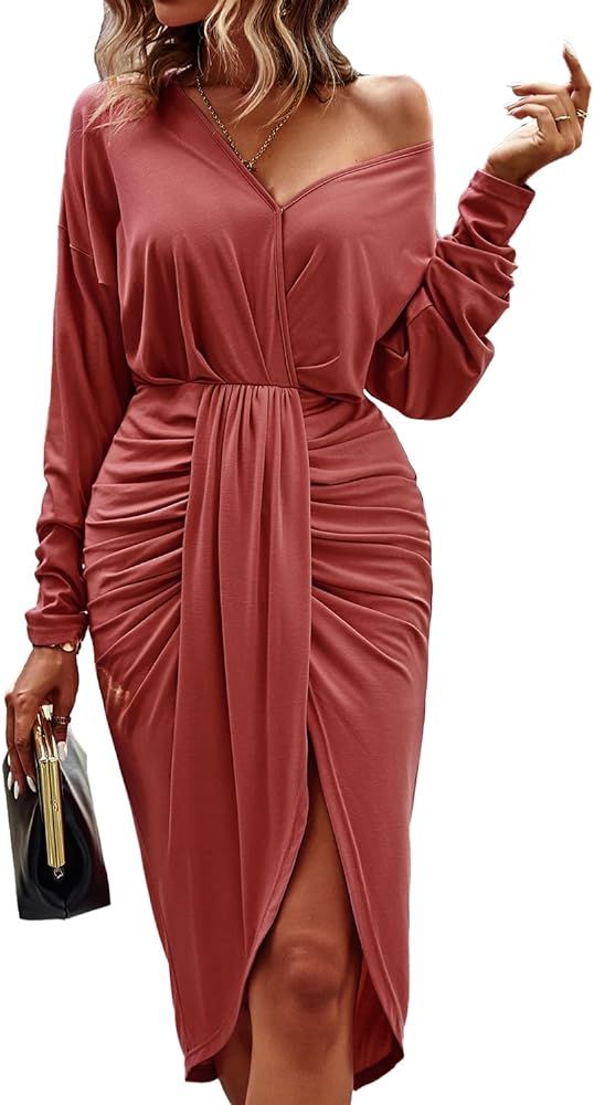 PRETTYGARDEN Women's Ruched Wrap Dress Long Sleeve V Neck Split Hem Draped Front Midi Bodycon Dresse | Amazon (US)