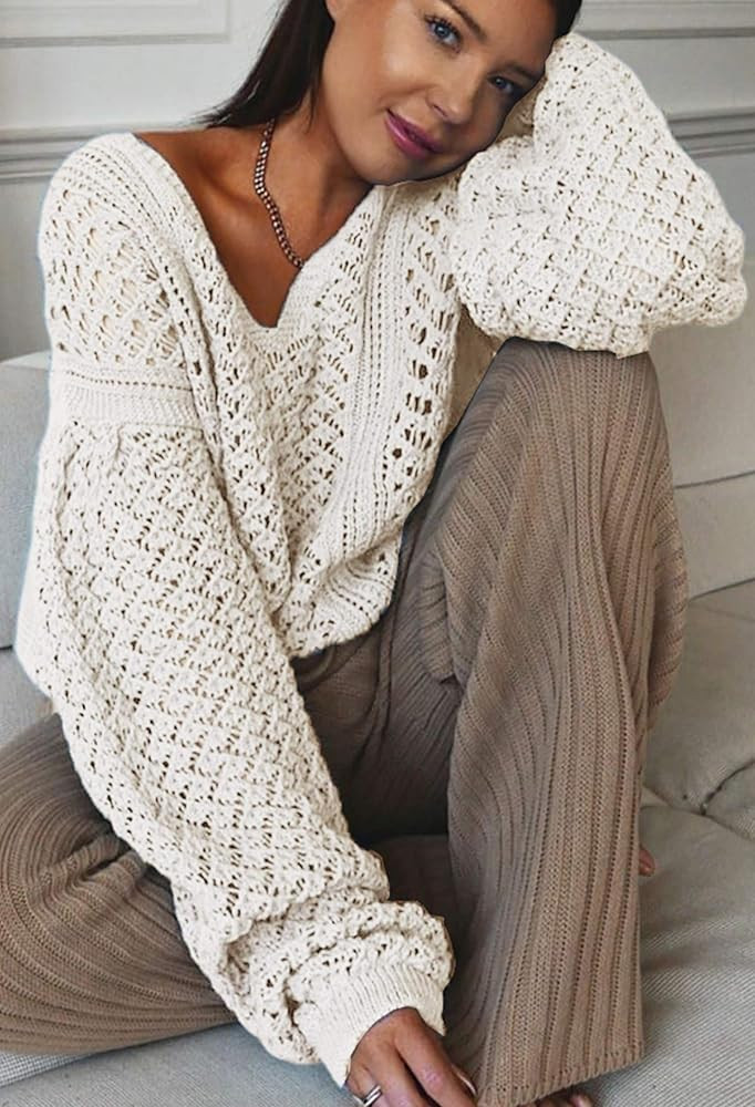 CCTOO Women's Sweaters Casual Oversized V Neck Off Shoulder Sexy Crochet Sweater Batwing Sleeve Pull | Amazon (US)