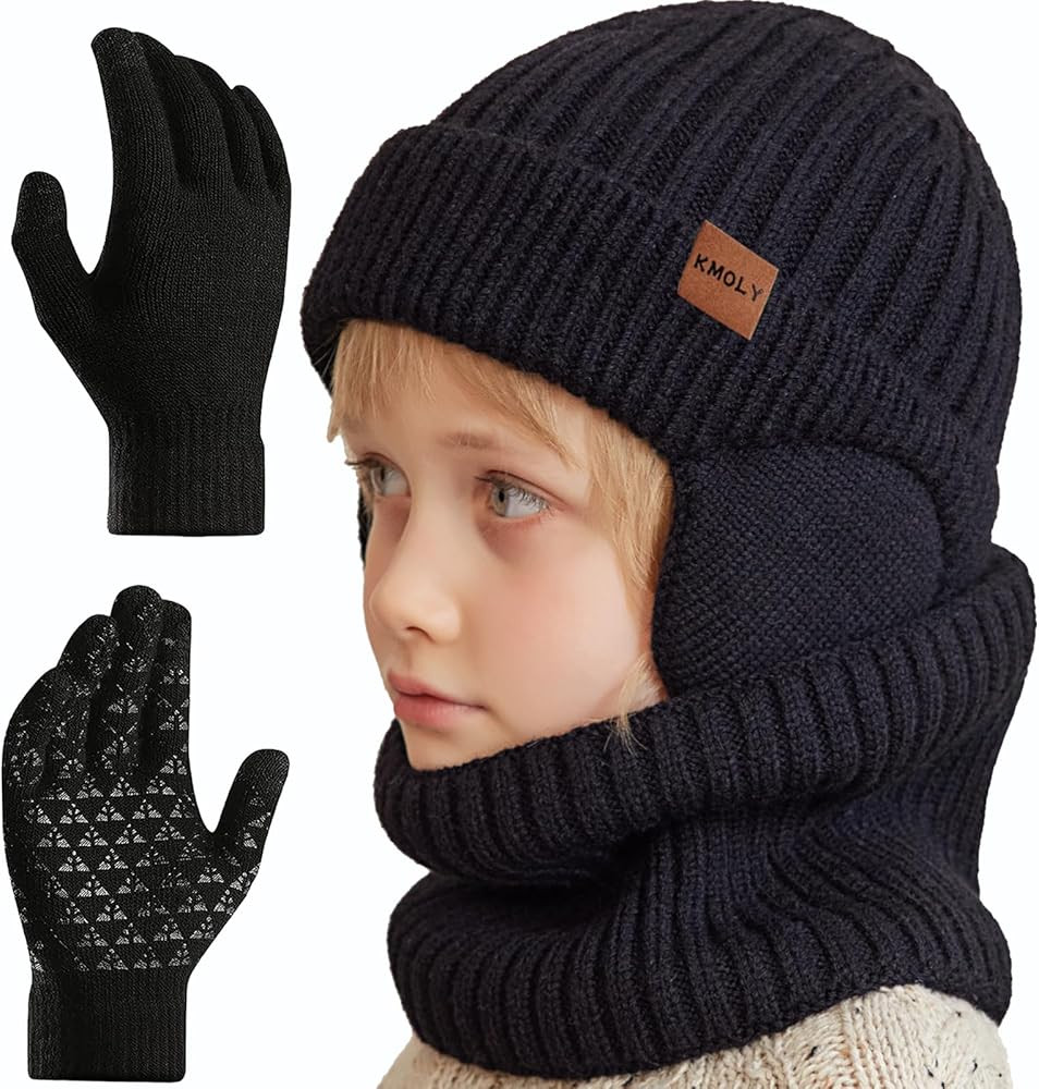 Kids Winter Beanie Hat Scarf Gloves Set 4-10Y, Knit Hat With Earmuffs Neck Gaiter Fleece Lined To... | Amazon (US)