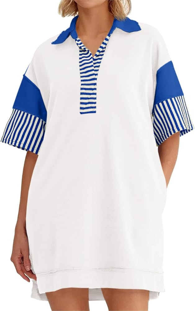 Wenrine Women's Polo V Neck T Shirt Dress Casual Summer Oversized Color Block Short Sleeve Sweats... | Amazon (US)