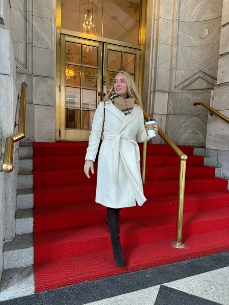 What I wore in NYC. This is my 3rd season with this white wrap coat and it’s my favorite! Has a cashmere blend and feels so luxury. I’m wearing a size 4. I linked my layers under because it was pretty cold today  