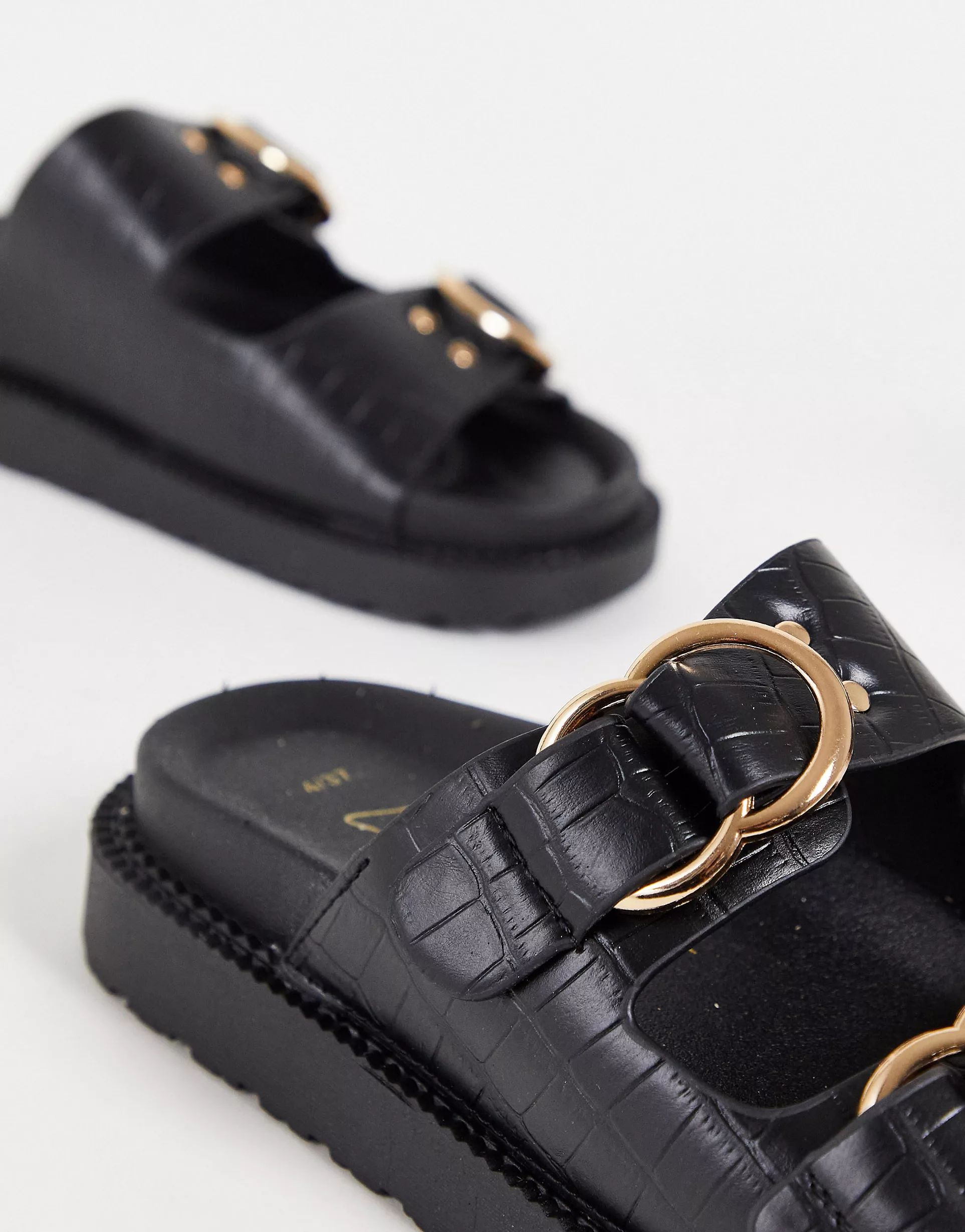 New Look double buckle slides in black croc | ASOS (Global)