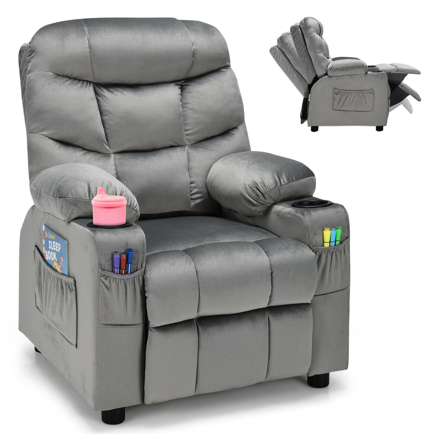 Costway - Kids Youth Recliner Chair Velvet Fabric w/Cup Holder & Side Pocket - Gray | Best Buy U.S.