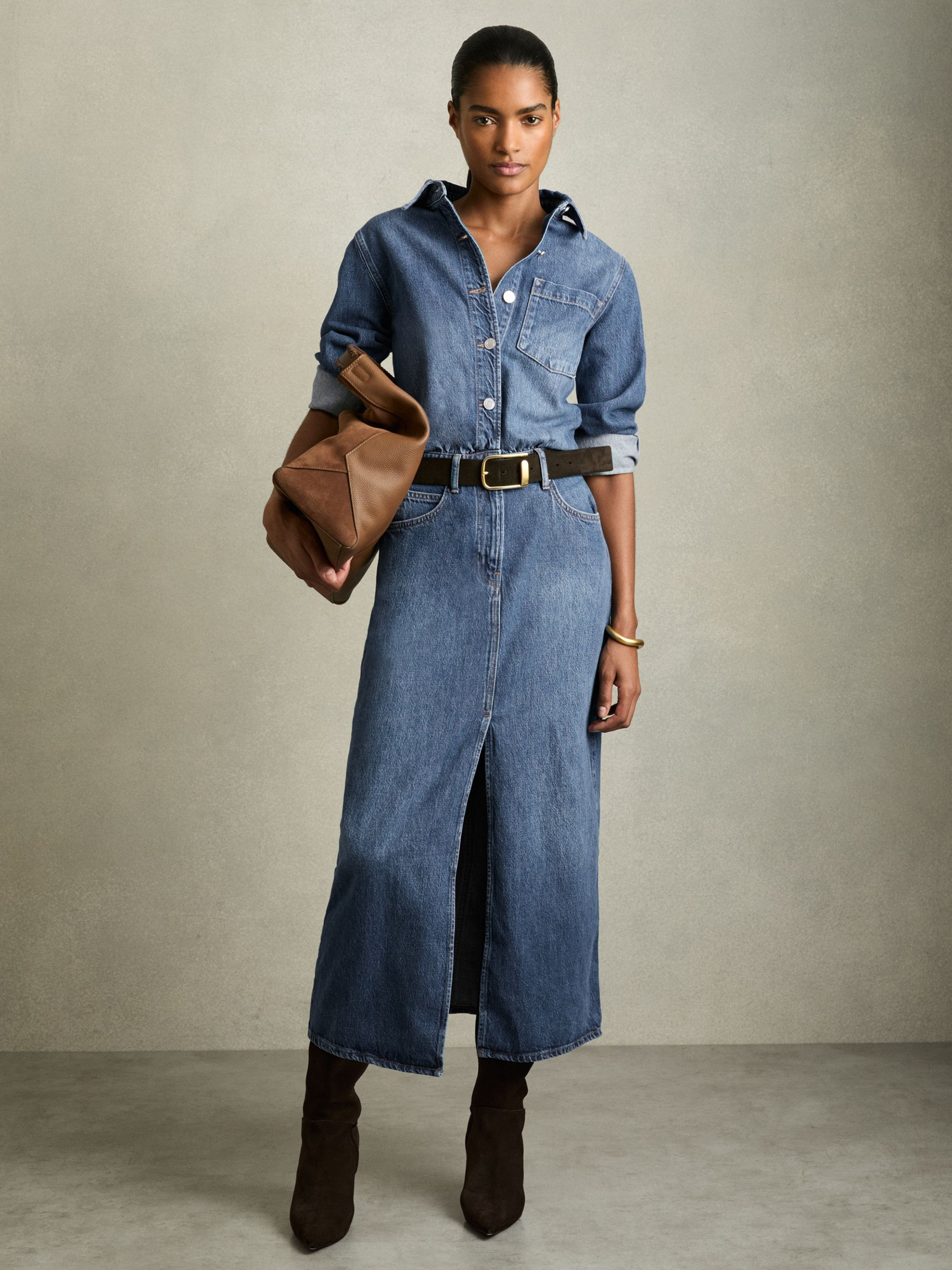 Reiss Denim Button-Through Midi Dress in Indigo | REISS | Reiss US