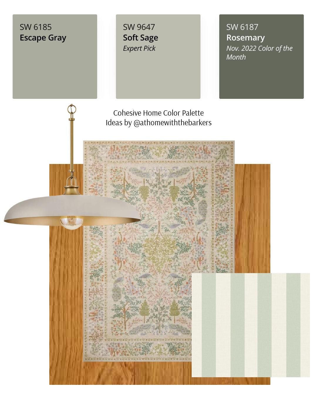 Color palette for orange oak floors. Area rug, wallpaper, light fixture and paint color samples. 

 #LTKHome #LTKSaleAlert