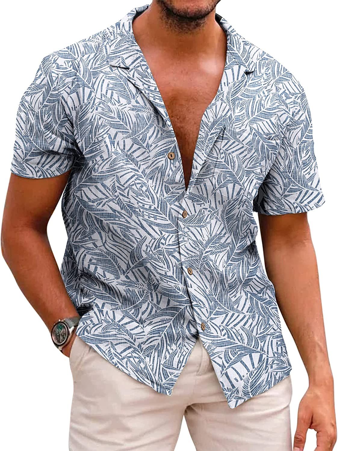 Coofandy Men's Hawaiian Floral Shirts Cotton Linen Button Down Tropical Holiday Beach Shirts | Amazon (US)