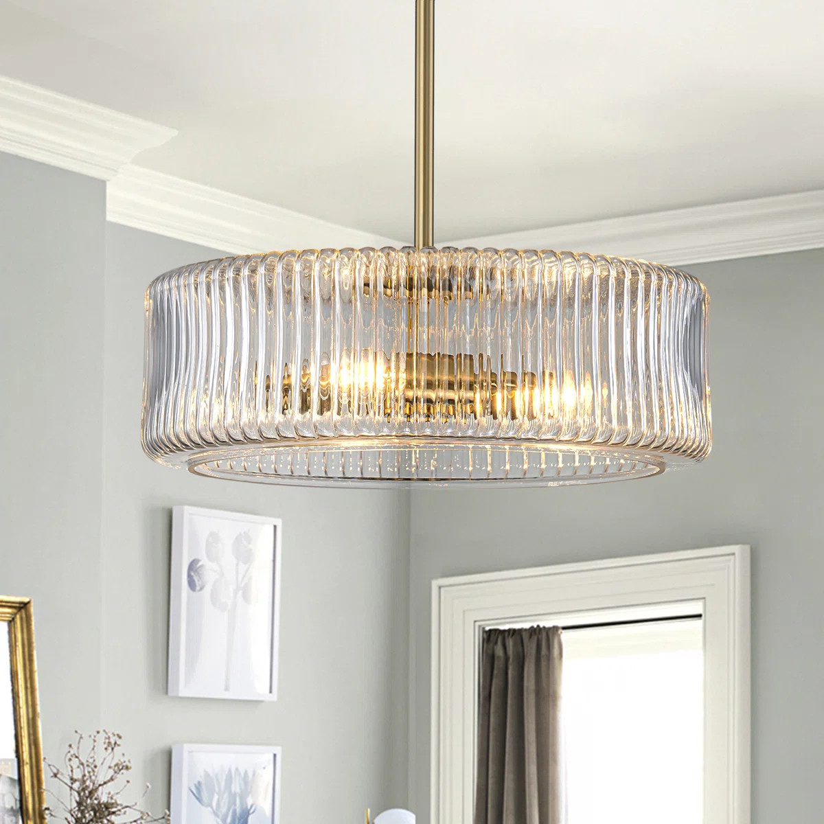 3-light 14\u201c W Dimmable Gold Drum Pendant Ribbed Glass | Wayfair North America