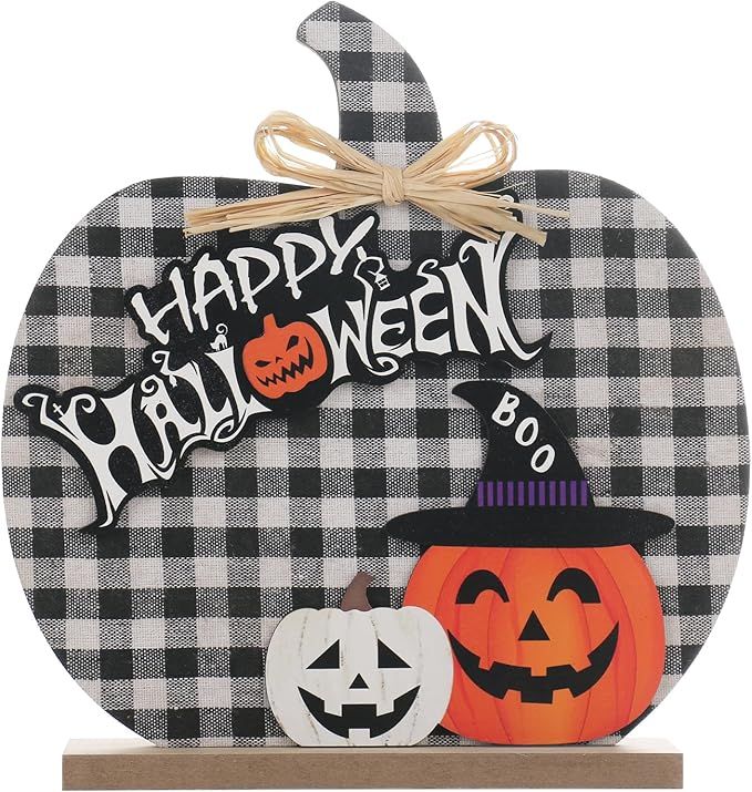 Halloween Pumpkin Decorations, 11"/28CM Wooden Buffalo Plaid Tabletop Decorations, for Home Farmh... | Amazon (US)