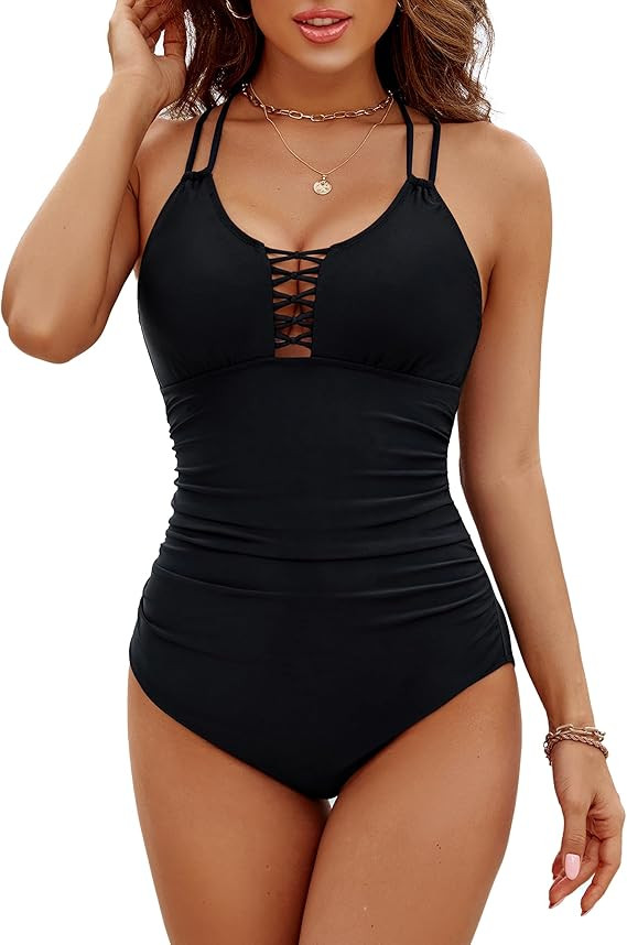 BMJL Women's Tummy Control Swimsuit Lace Up One Piece Bathing Suits Slimming V Neck Swimwear | Amazon (US)