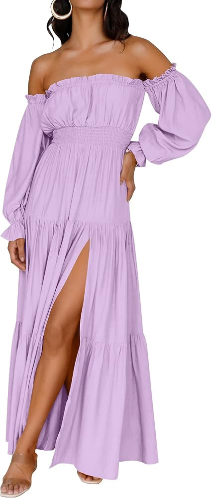 ZESICA Women's 2023 Boho Sexy Off Shoulder Long Sleeve Smocked High Waist Side Split Flowy A Line... | Amazon (US)