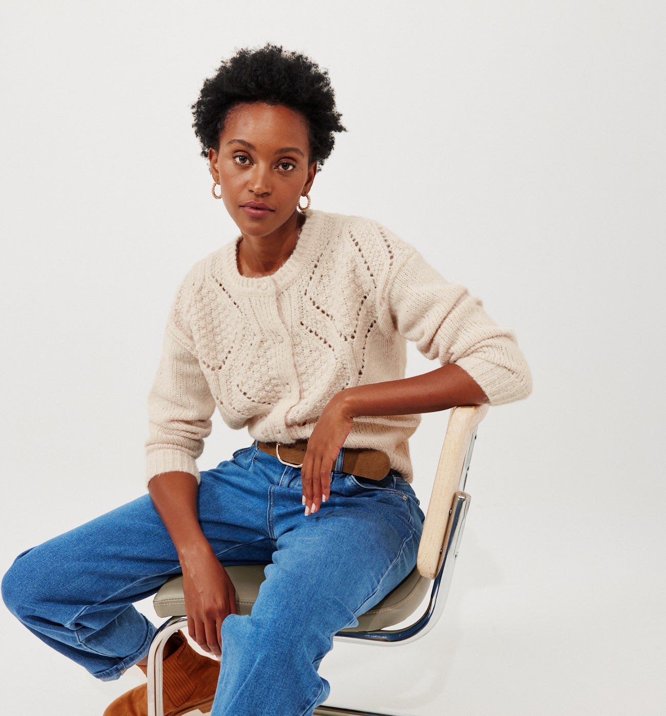 Gilet torsadé col rond Femme - Beige | Promod (FR)