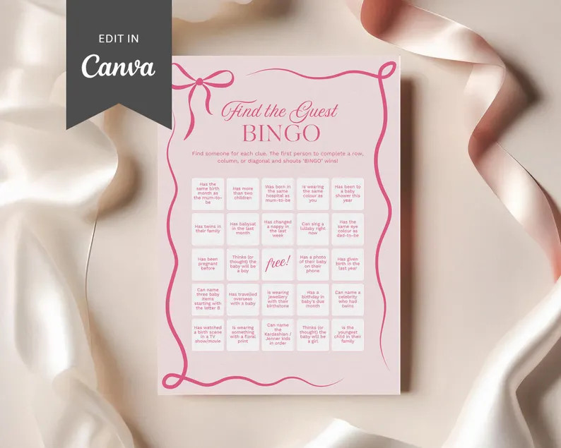 Pink Ribbon Find the Guest Bingo | Icebreaker Games Baby Shower Ideas | Find Someone Who | DIY Pr... | Etsy (Global)