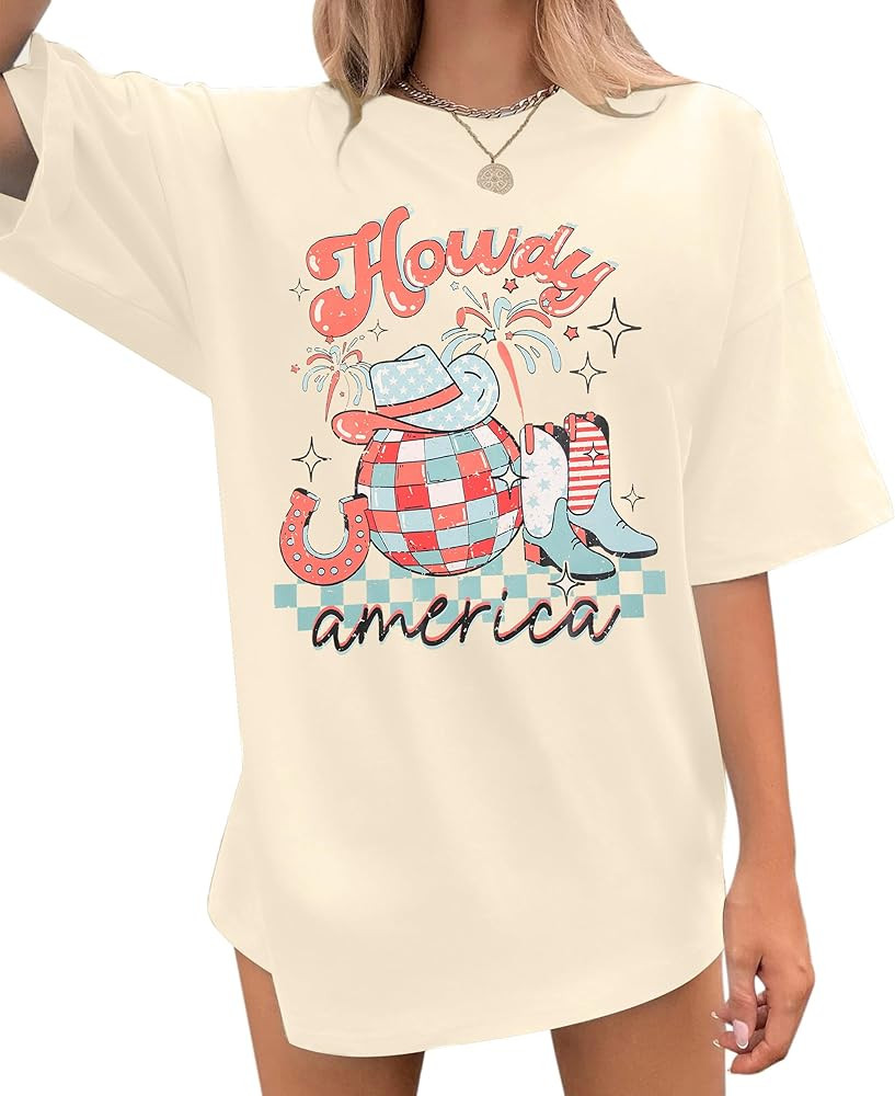 Howdy American Western Shirt Red White Blue Graphic 4th of July Shirt Oversized Tee Tops | Amazon (US)