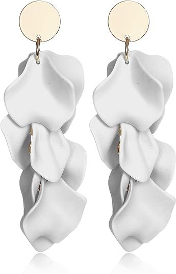 THUNARAZ Acrylic Clip on Earrings for Women Long Rose Petal Earrings Dangle Exaggerated Flower Ea... | Amazon (US)
