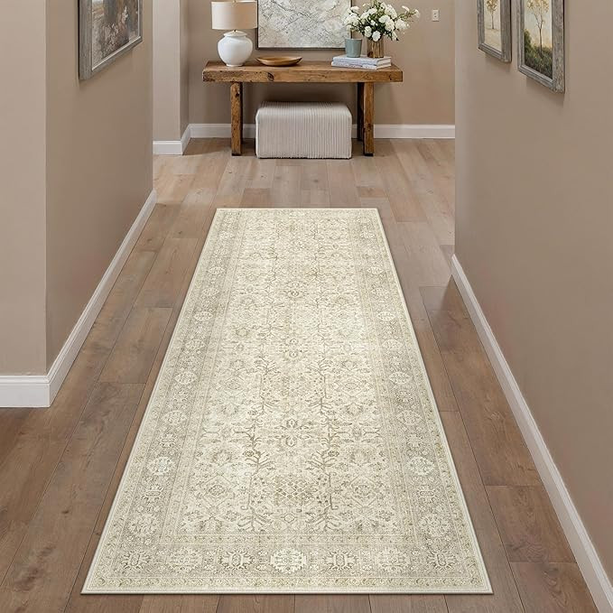 Beige Runner Rug 2x6 Vintage Area Carpet Hallway Long Indoor Kitchen Washable Living Room Low Pil... | Amazon (US)