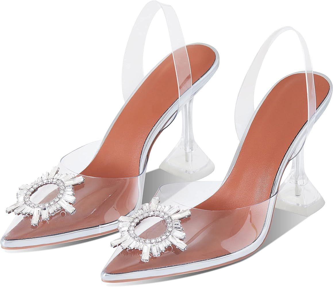 Goiphrri Clear Heels Sandals for Women Sling Back Crystal Rhinestones Pumps Pointed Toe High Heel... | Amazon (US)