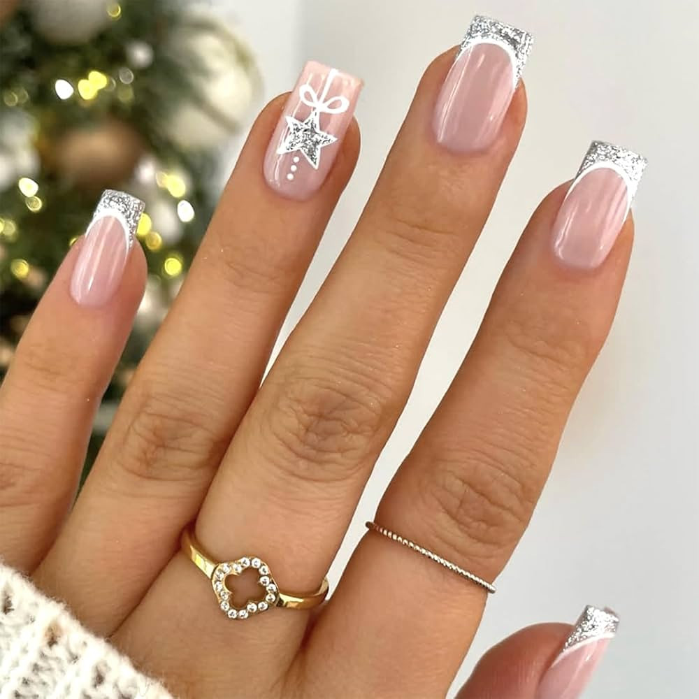 Christmas Press on Nails French Tip Short Square False Nails Silver Glitter French Tip Glue on Na... | Amazon (US)