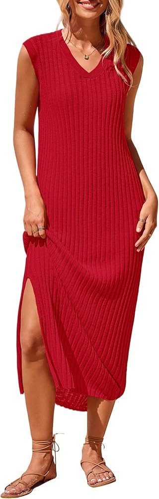 PRETTYGARDEN Women's 2025 Summer Casual Maxi Dresses Ribbed Knit Sleeveless V Neck 2 Piece Outfit... | Amazon (US)