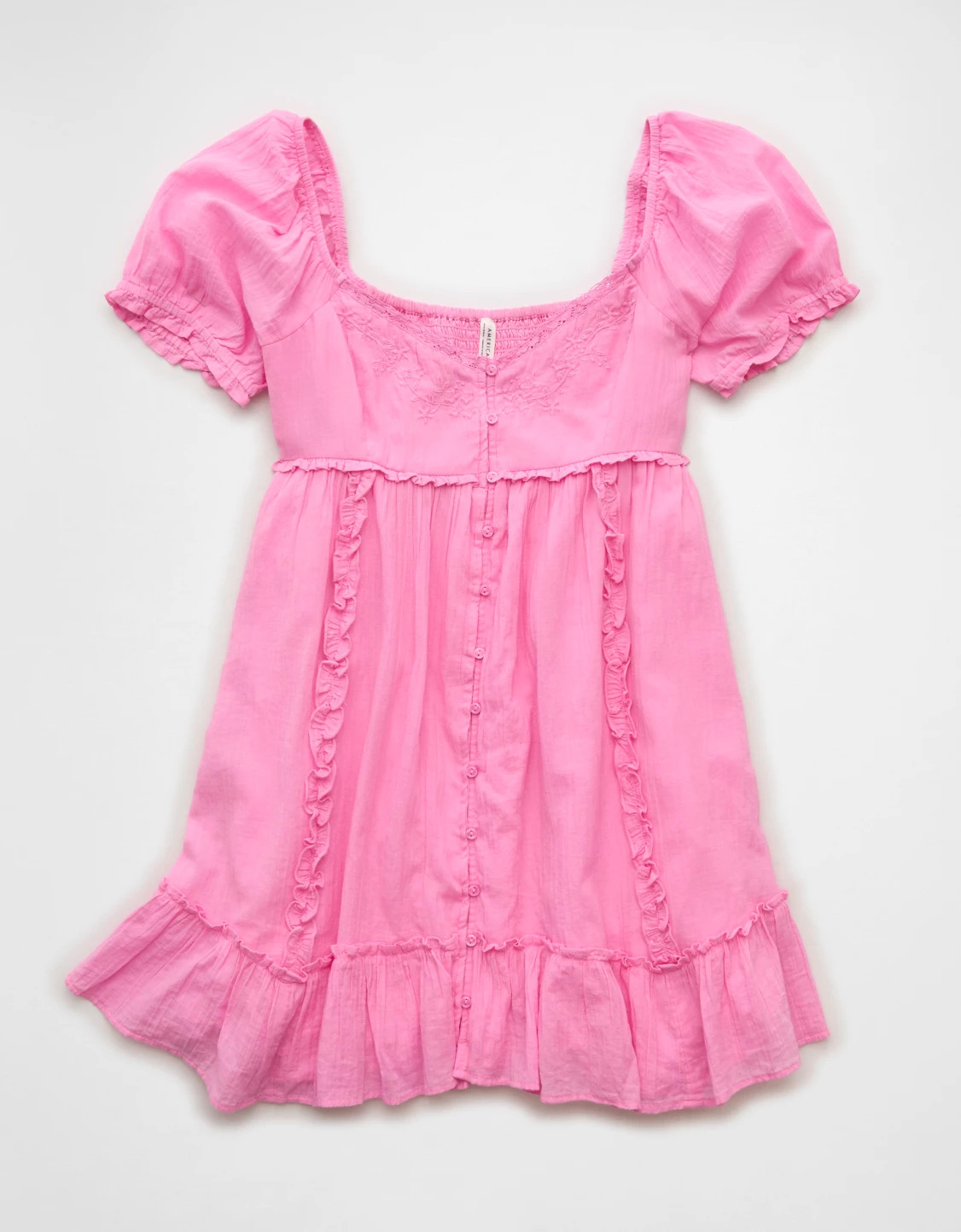AE Babydoll Puff-Sleeve Embroidered Mini Dress | American Eagle Outfitters (US & CA)