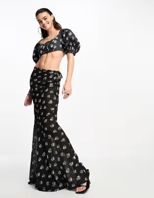 Day 6 mesh tie side maxi skirt co-ord in black ditsy print | ASOS (Global)