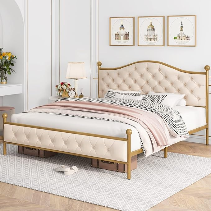Amazon.com: HIFIT Bed Frame Queen Size, Upholstered Bed Frame with Button Tufted Headboard, Metal... | Amazon (US)