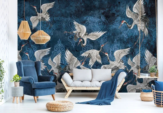 Dark Blue BIRDS cranes Wallpaper  BIRDS Decal Mural  Wall | Etsy | Etsy (US)