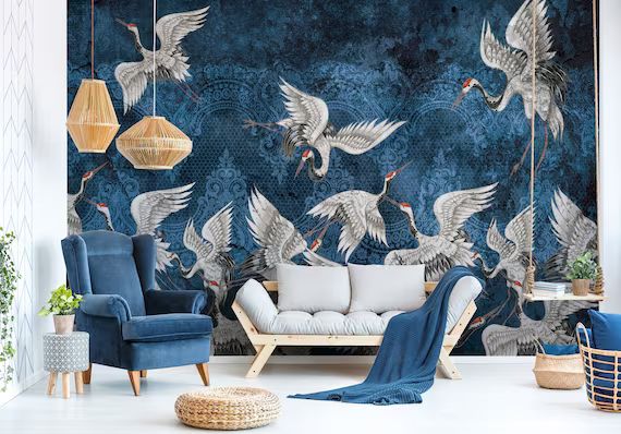 Dark Blue BIRDS cranes Wallpaper  BIRDS Decal Mural  Wall | Etsy | Etsy (US)