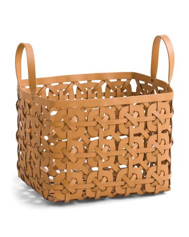 14in Bonded Recycled Leather Woven Basket With Handles | TJ Maxx